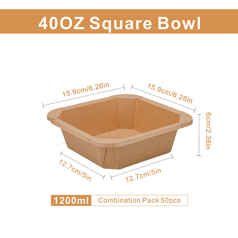 10-40oz Kraft Paper Square Bowl مع Lids